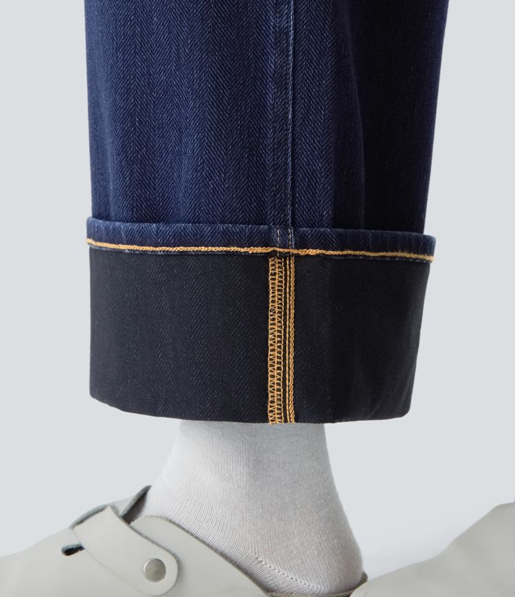 Halara Flex™ High Waisted Multiple Pockets Rolled Hem Wide Leg Herringbone Washed Stretchy Knit Casual Jeans