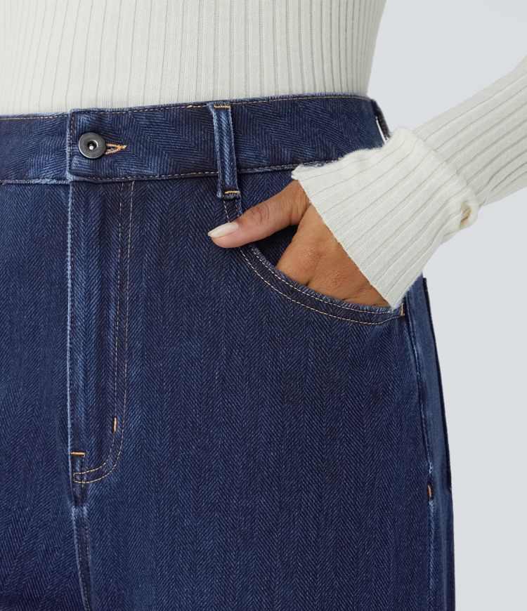 Halara Flex™ High Waisted Multiple Pockets Rolled Hem Wide Leg Herringbone Washed Stretchy Knit Casual Jeans