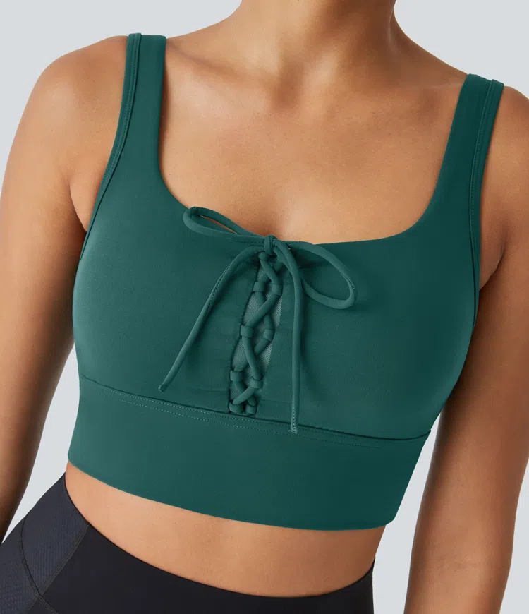 Halara UltraSculpt™ Rückenfreies, kurzes Workout-Tanktop aus kontrastierendem Netzstoff mit überkreuzter Schnürung