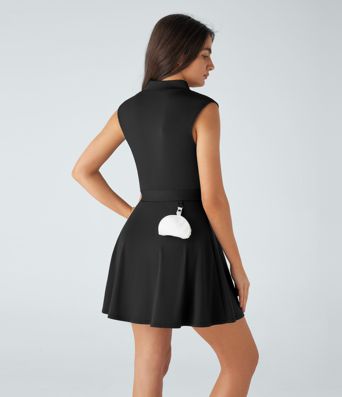 Vestido deportivo sin mangas para minigolf con bolsillos para tees de golf, cinturón, cuello alto, cremallera y tejido de secado rápido. Vestido deportivo sin mangas para minigolf con bolsillos para tees de golf, cinturón, cuello alto, cremallera y tejido de secado rápido.