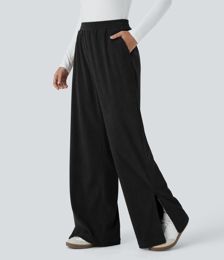 High Waisted Pocket Zipper Straight Leg Corduroy Casual Pants