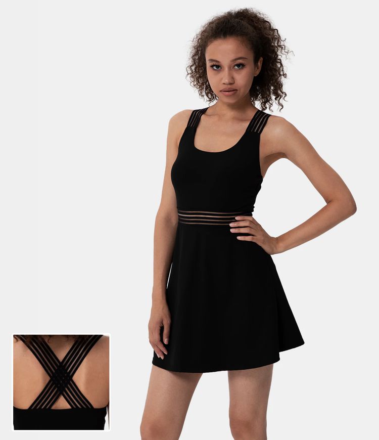 Women’s Everyday Contrast Mesh Backless Crisscross Activity DressNo Liner Shorts HALARA