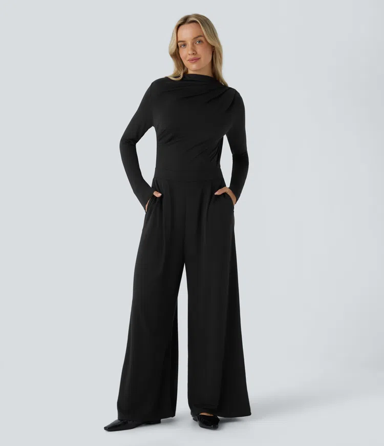 Cowl Neck Ruched Long Sleeve Pocket Wide Leg Casual Jumpsuit