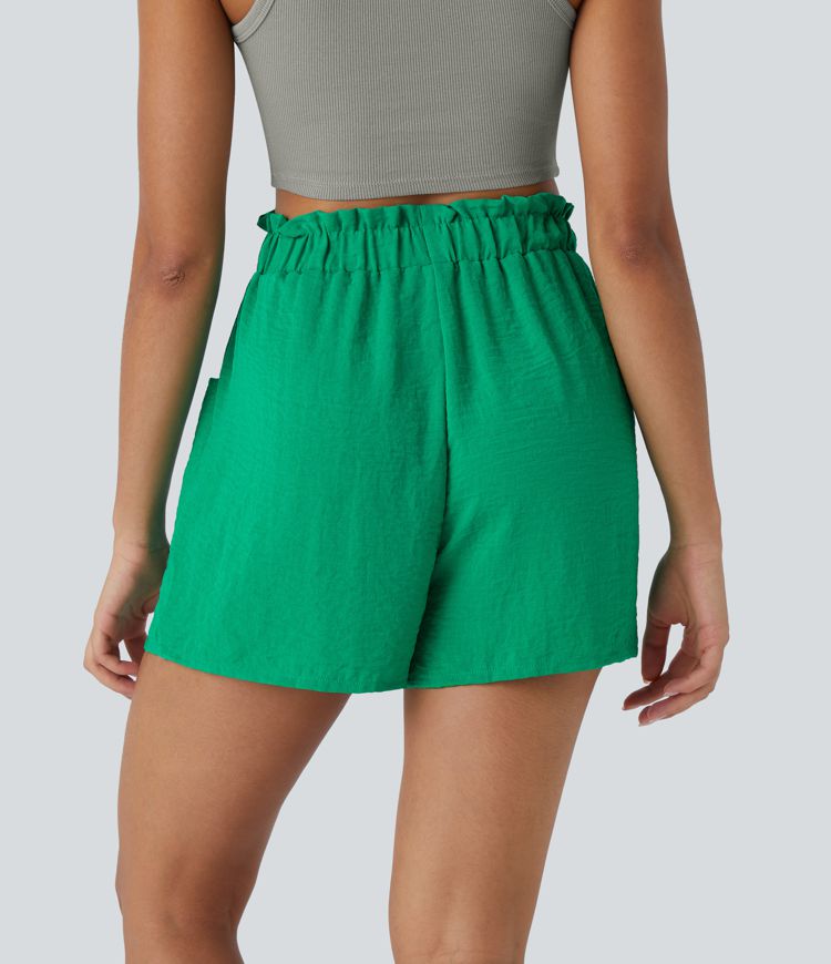 Short Casual en Lin-Feel Taille Haute avec Cordon de Serrage Poches Latérales Style Sac en Papier