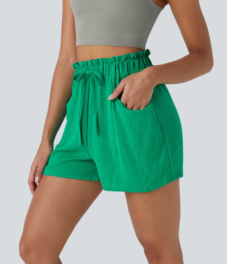 Short Casual en Lin-Feel Taille Haute avec Cordon de Serrage Poches Latérales Style Sac en Papier