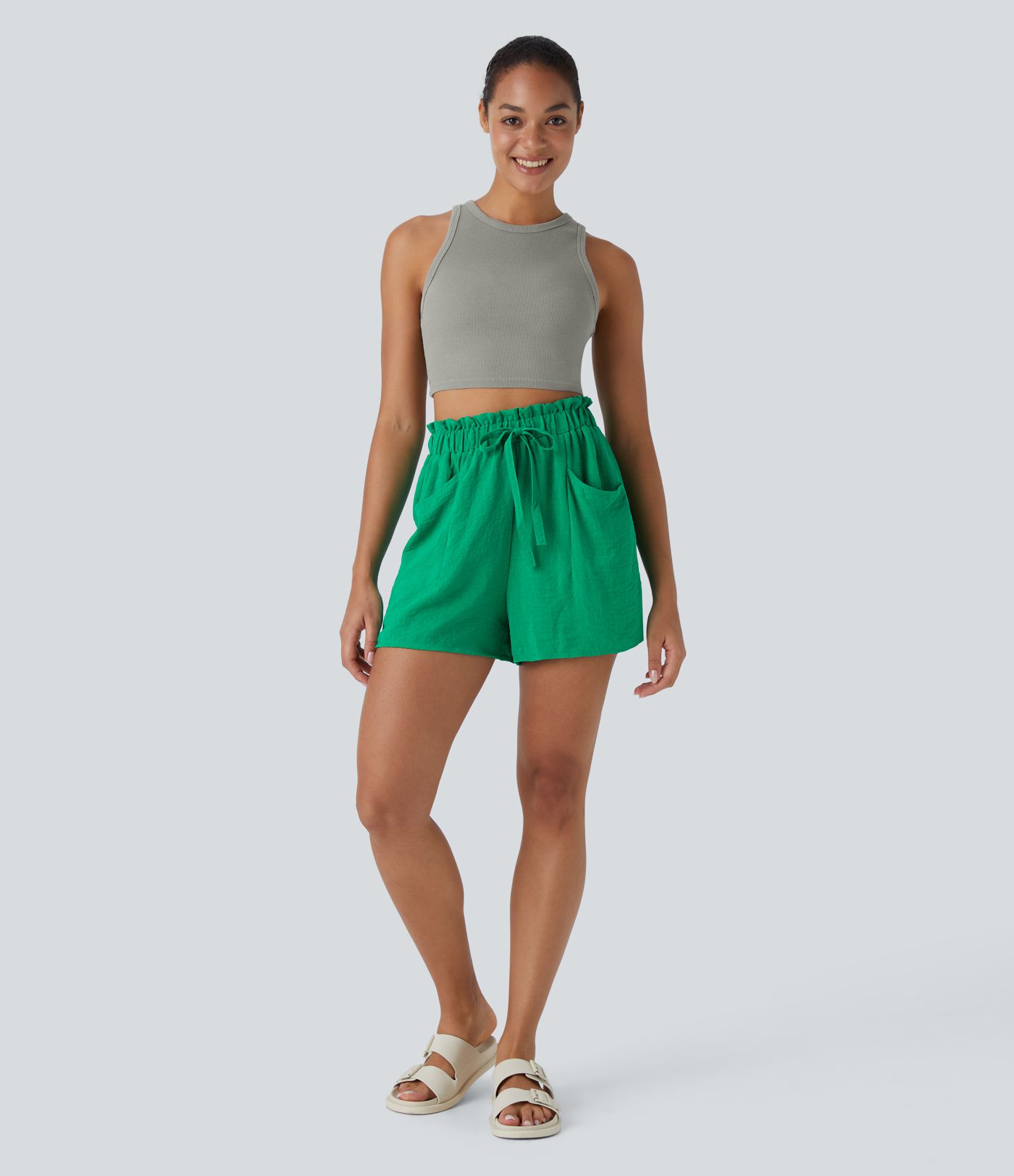 Short Casual en Lin-Feel Taille Haute avec Cordon de Serrage Poches Latérales Style Sac en Papier