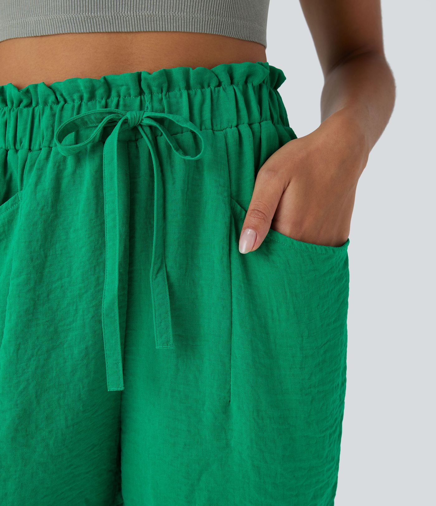 Short Casual en Lin-Feel Taille Haute avec Cordon de Serrage Poches Latérales Style Sac en Papier