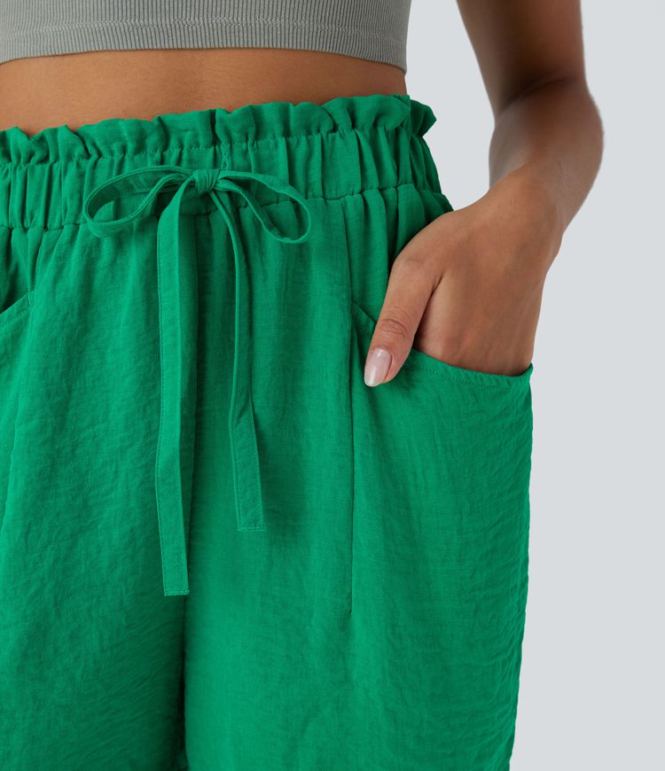 Short Casual en Lin-Feel Taille Haute avec Cordon de Serrage Poches Latérales Style Sac en Papier