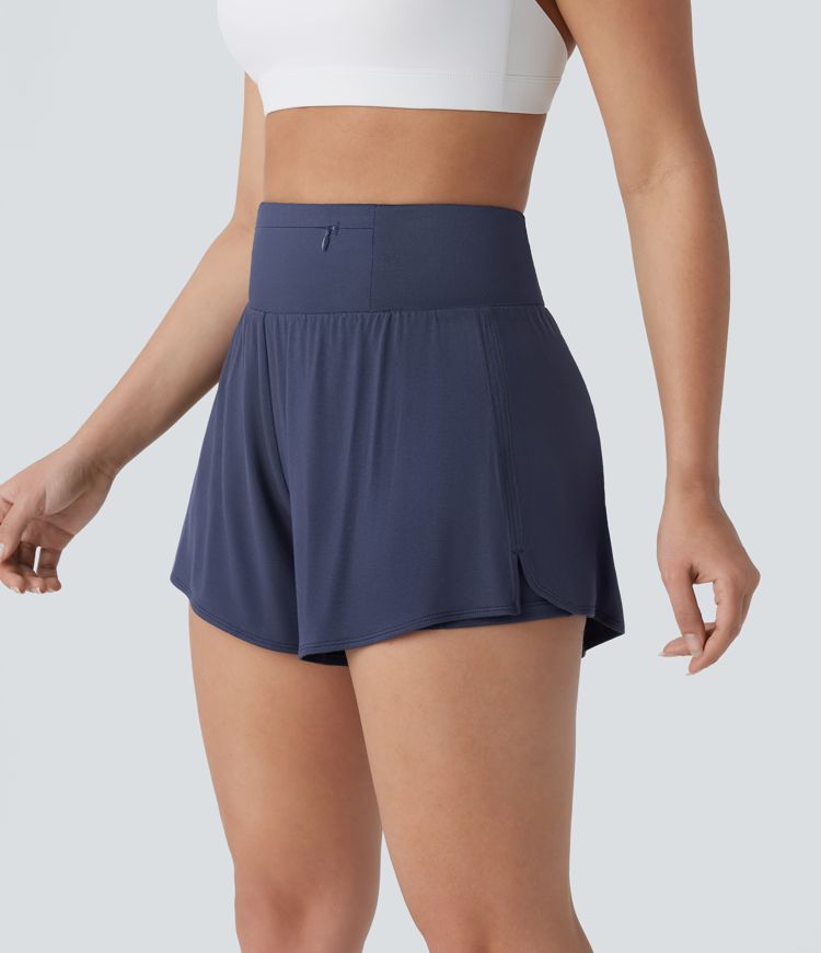 High Waisted Multiple Pockets Split 2-in-1 Yoga Shorts