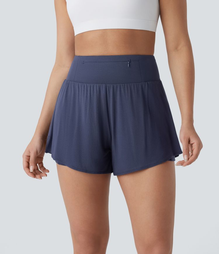 High Waisted Multiple Pockets Split 2-in-1 Yoga Shorts