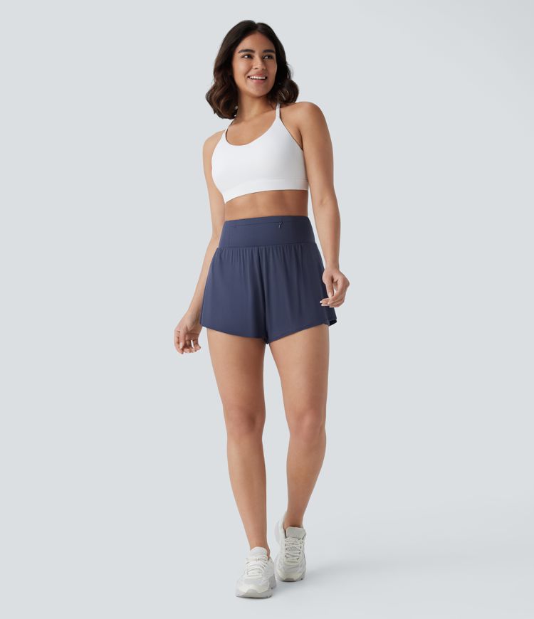High Waisted Multiple Pockets Split 2-in-1 Yoga Shorts