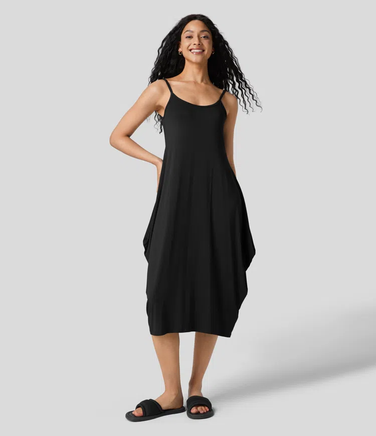 Adjustable Strap Backless Draped Relax Midi Casual Slip Dress