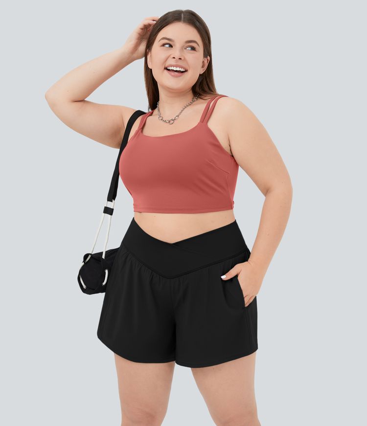 Breezeful™ High Waisted Crossover Pocket Plus Size 2-in-1 Quick Dry Yoga Shorts 4.5"