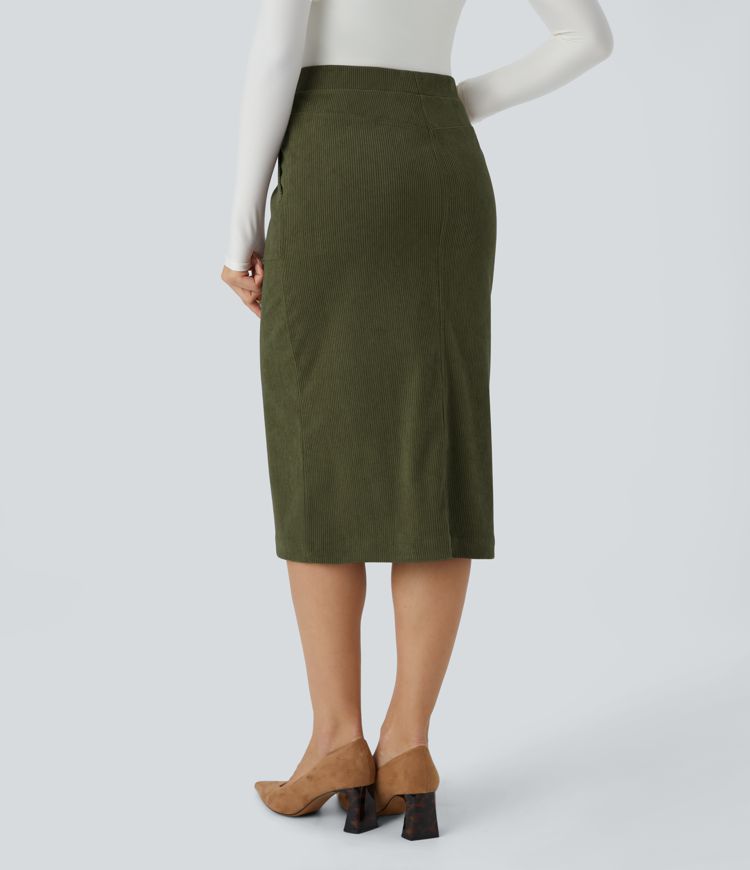 Mid Rise Pocket Midi Corduroy Casual Skirt