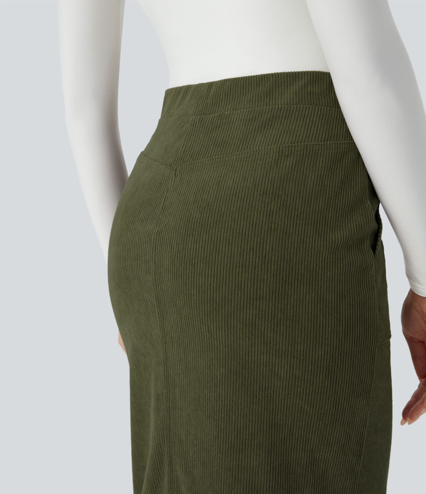 Mid Rise Pocket Midi Corduroy Casual Skirt