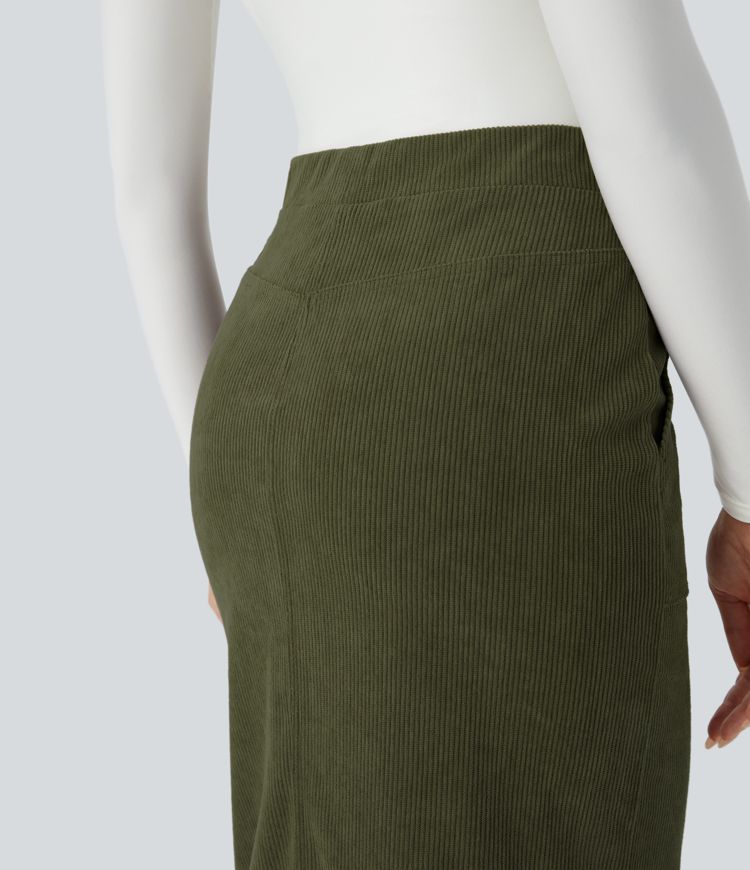 Mid Rise Pocket Midi Corduroy Casual Skirt