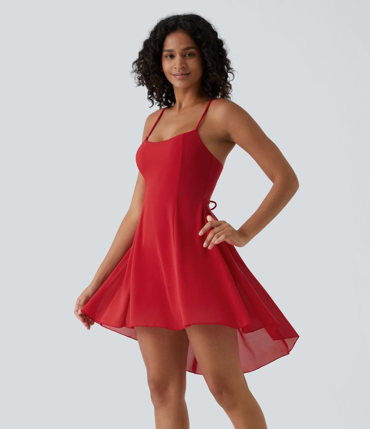 Backless Lace Up 2-in-1 Pocket High Low Contrast Mesh Flowy Mini Dance Active Dress