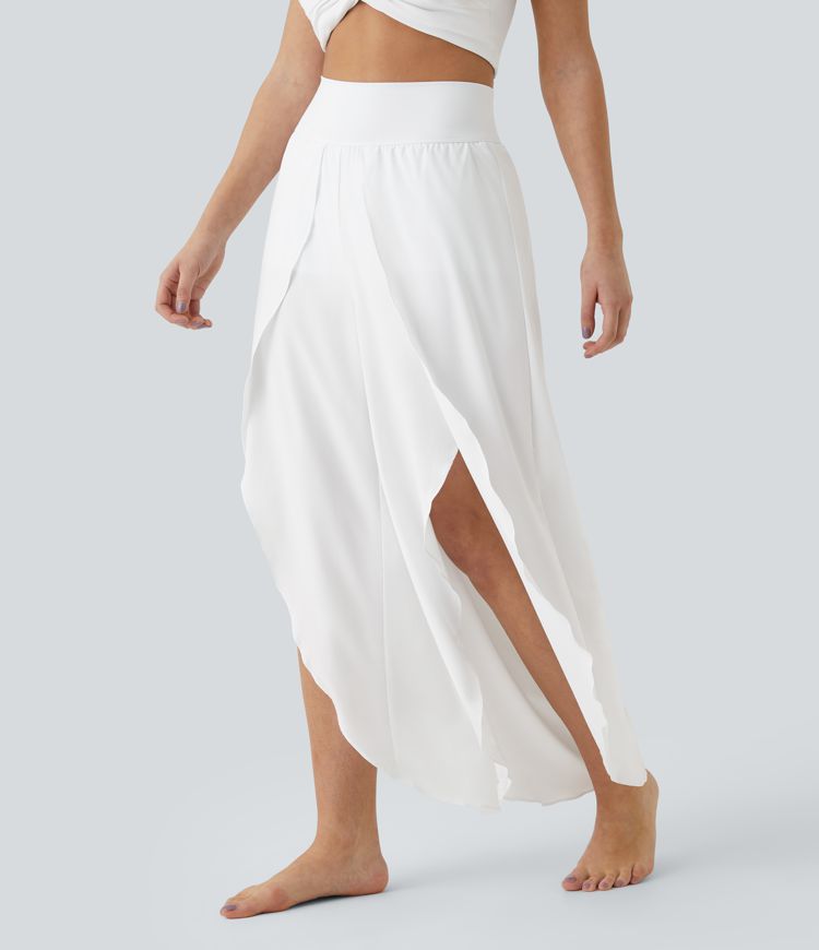 Breezeful™  Pantalon Large Casual 2 en 1 Palazzo Flowy Taille Haute Poches Fente à la Taille Arrière - Séchage Rapide