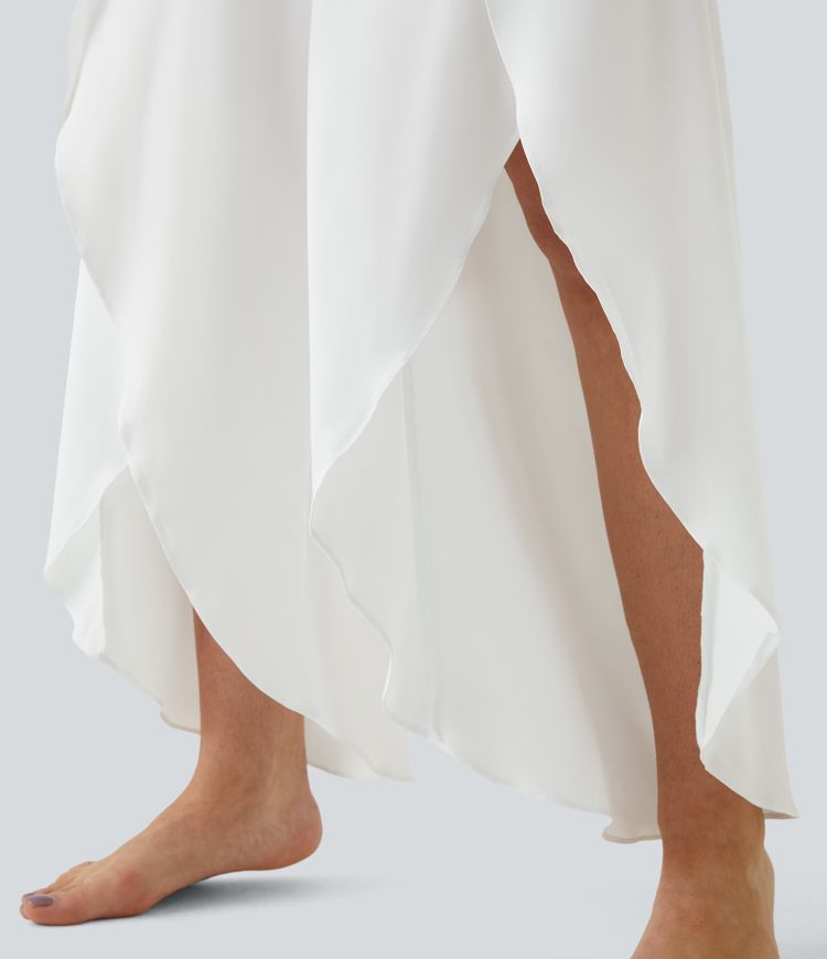 Breezeful™  Pantalon Large Casual 2 en 1 Palazzo Flowy Taille Haute Poches Fente à la Taille Arrière - Séchage Rapide