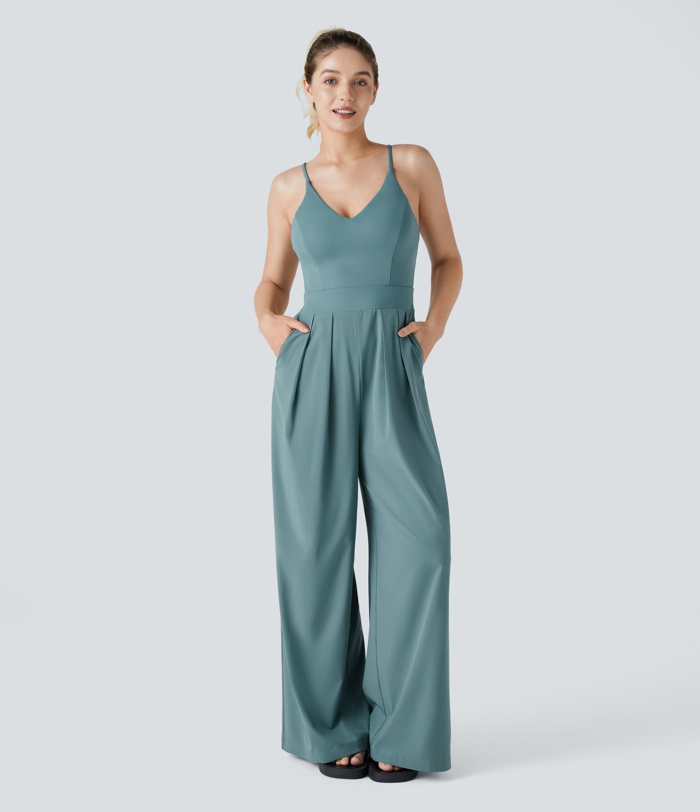 Breezeful™ Backless Side Invisible Zipper Pocket Wide Leg Quick Dry Resort Slip Jumpsuit