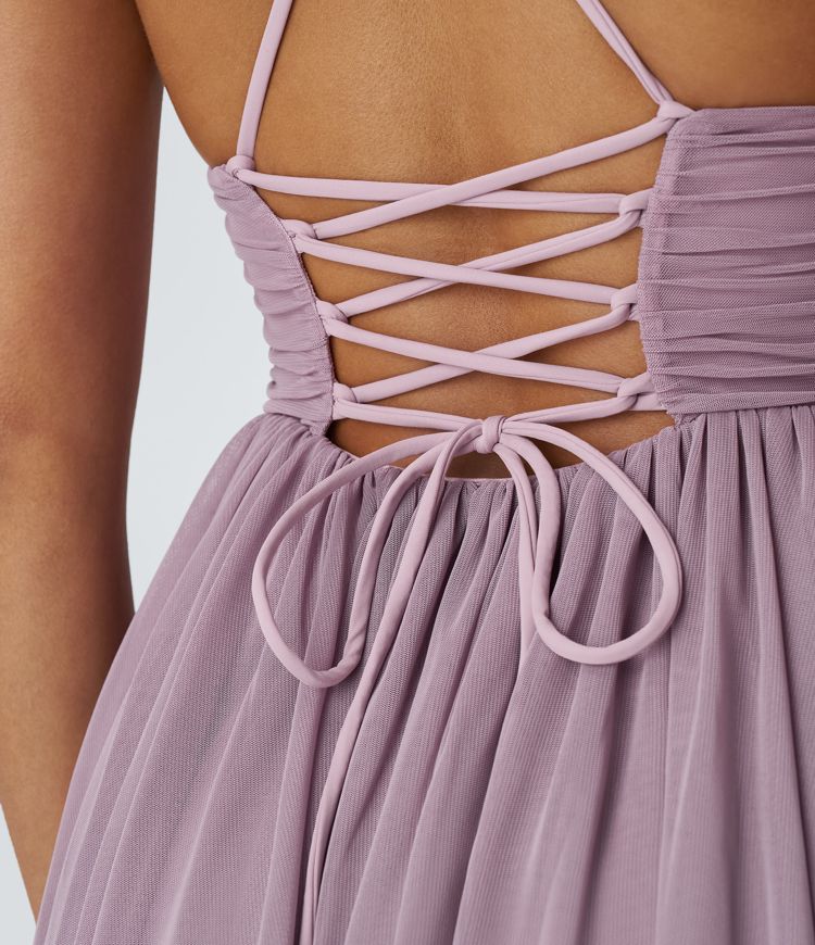 Lace Up Mesh Layered Mini Dress