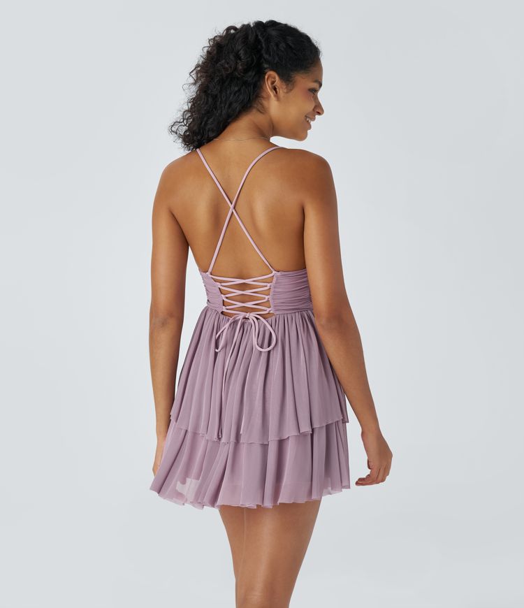 Backless Crisscross Lace Up Mesh Layered Mini Party Dress