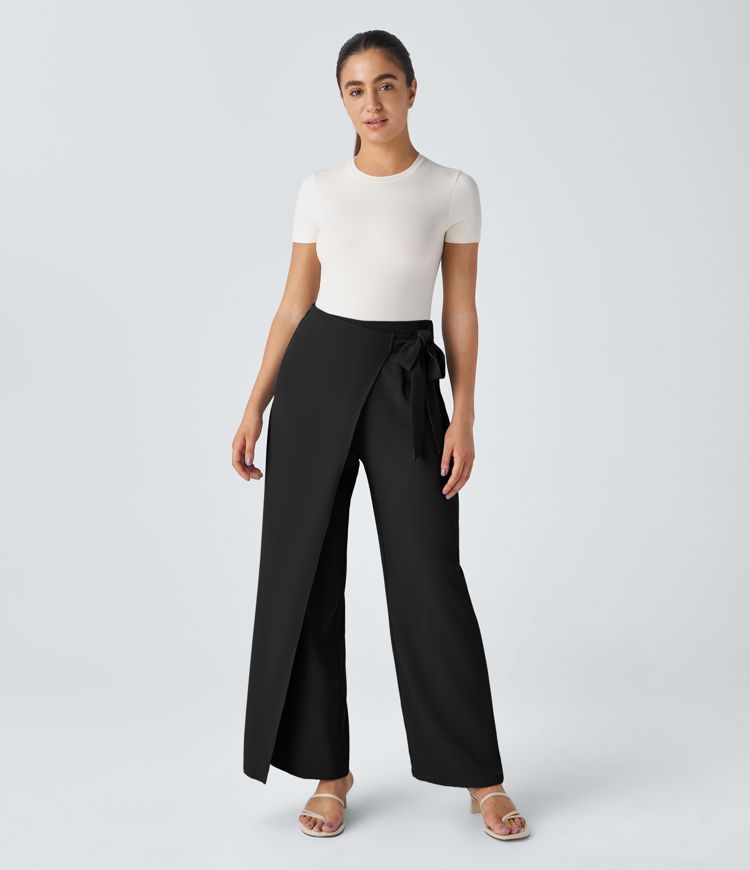 High Waisted Tie Side Wide Leg Women Suit Work Pants