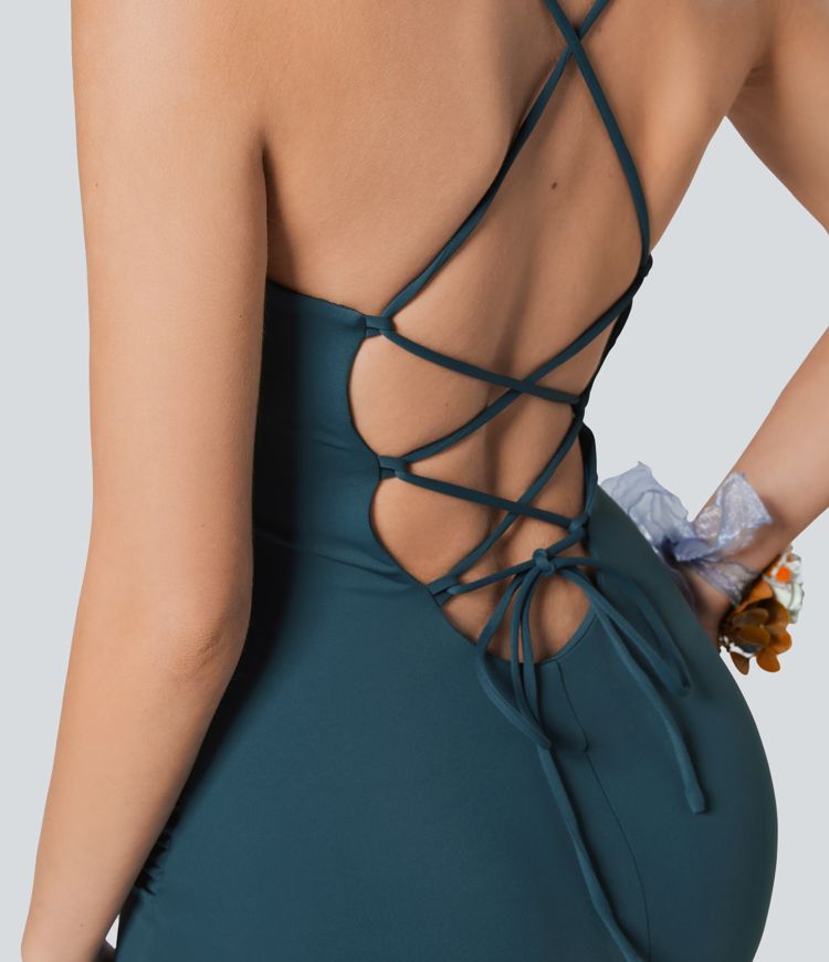 Softlyzero™ Airy Crossover Ruched Backless Lace-Up Split Bodycon Cool Touch Bridesmaid & Wedding Guest Dress - UPF50+