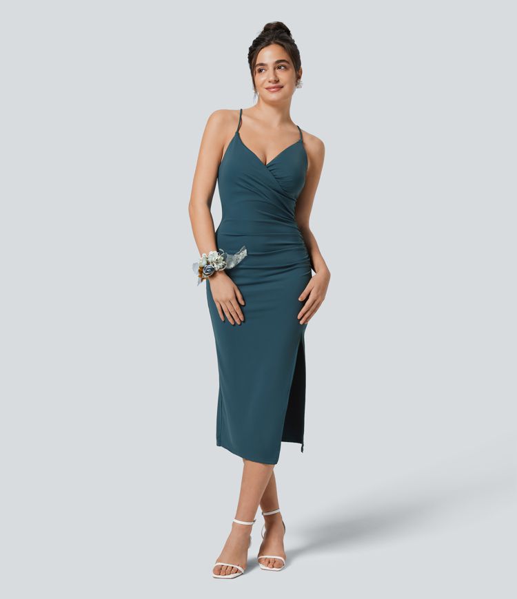 Softlyzero™ Airy Crossover Ruched Backless Lace-Up Split Bodycon Cool Touch Bridesmaid & Wedding Guest Dress - UPF50+