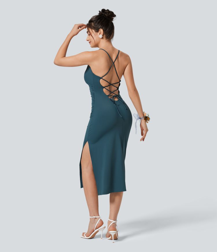 Softlyzero™ Airy Crossover Ruched Backless Lace Up Split Bodycon Cool Touch Bridesmaid And Wedding Guest Dress
