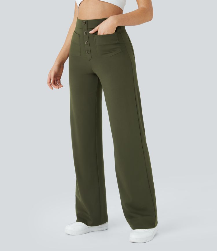 High Waisted Pockets Straight Leg Casual Trousers