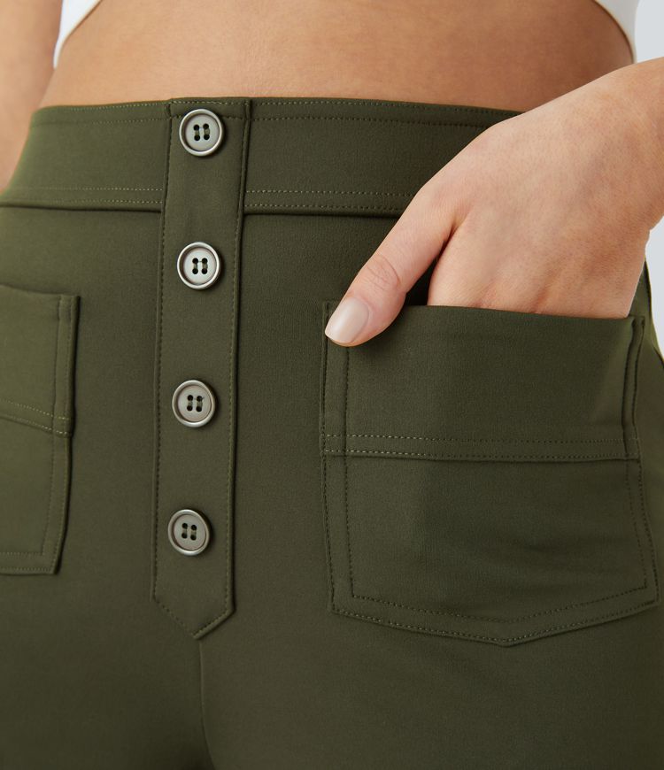 High Waisted Pockets Straight Leg Casual Trousers