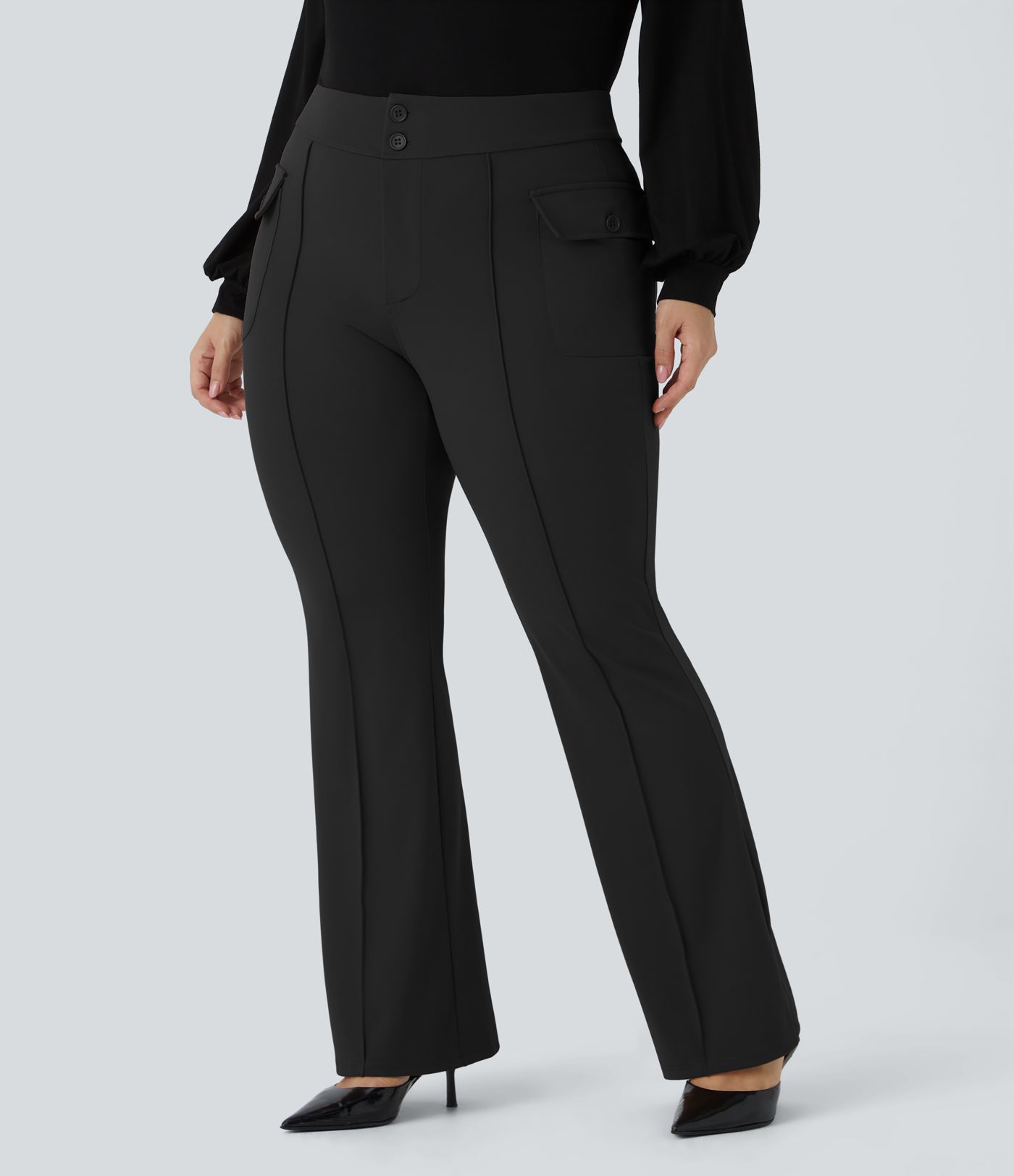 SculptKnit High Waisted Side Flap Pocket Flare Plus Size Casual Cargo Pants