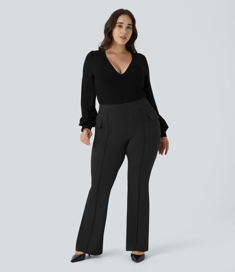 Pantalon cargo décontracté grande taille ample, taille haute, avec poches à rabat latérales