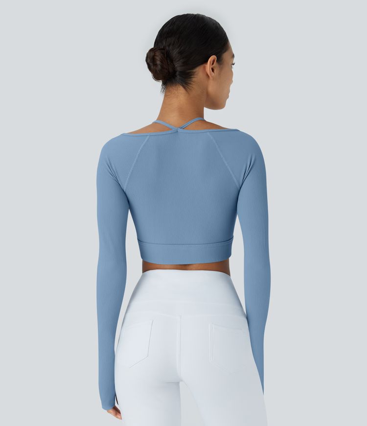 Ribbed Halter Strap Thumb Hole Cropped Yoga Sports Top