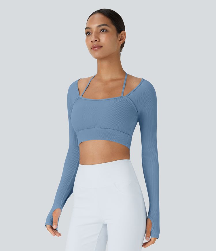 Ribbed Halter Strap Thumb Hole Cropped Yoga Sports Top