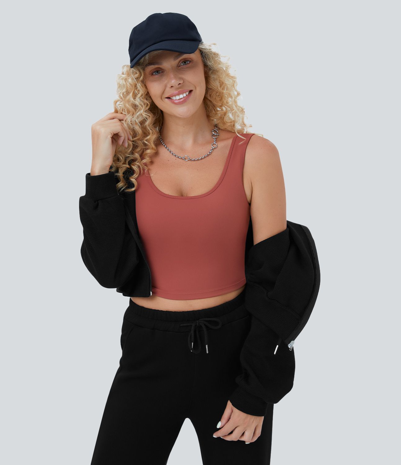 Sudadera deportiva algodón recortada cremallera cordón capucha gofre