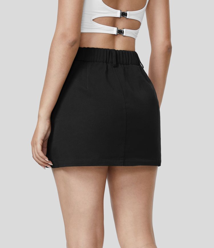 Jupe en Coton Casual Mini A-ligne à Taille Haute avec Poches Cargo à Rabat et Boutons