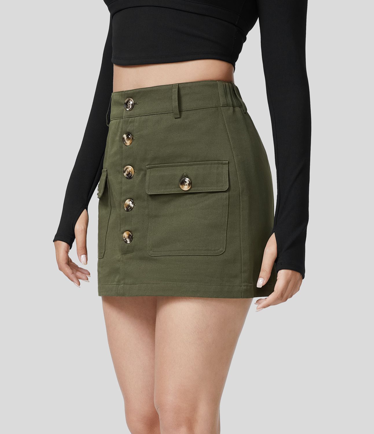 Casual, high-waisted cotton mini skirt in A-line with button placket and cargo pocket