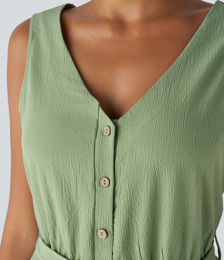 V-neck button backless jumpsuit with belt and side pockets