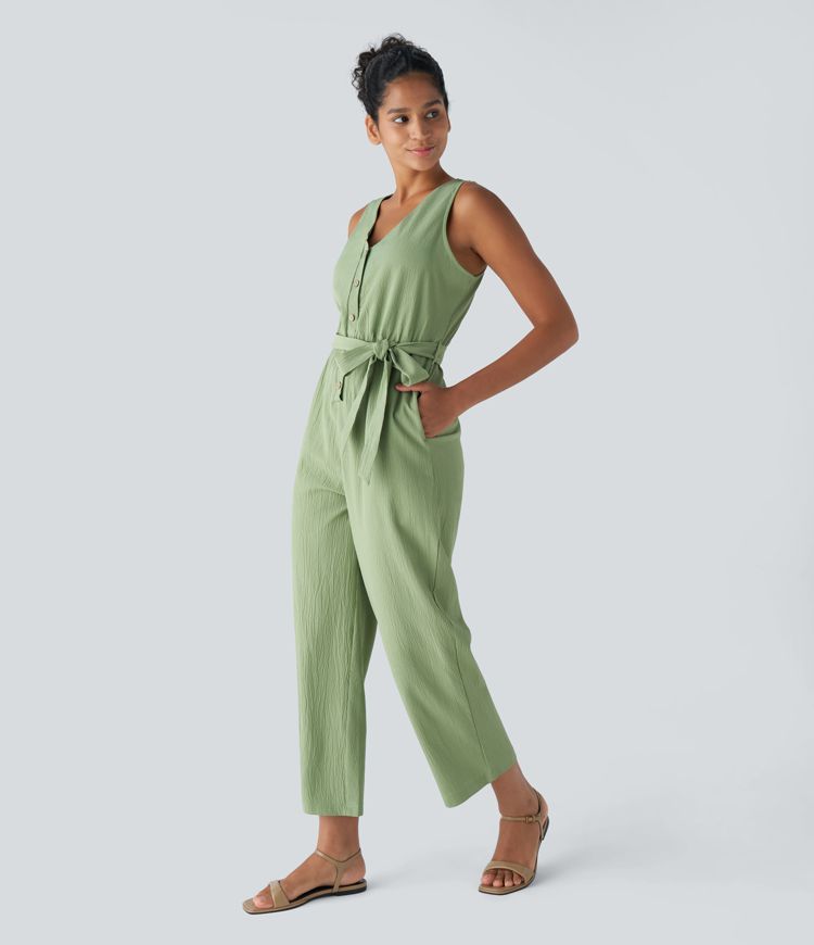 V-neck button backless jumpsuit with belt and side pockets
