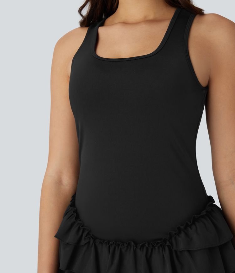 Breezeful™ Square Neck Layered Ruffle 2 Piece Pocket Micro Mini Quick Dry Dance Active Dress