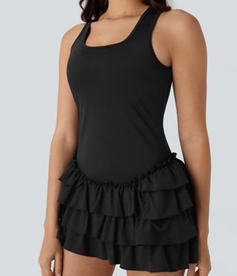 Breezeful™ Square Neck Layered Ruffle 2 Piece Pocket Micro Mini Quick Dry Dance Active Dress