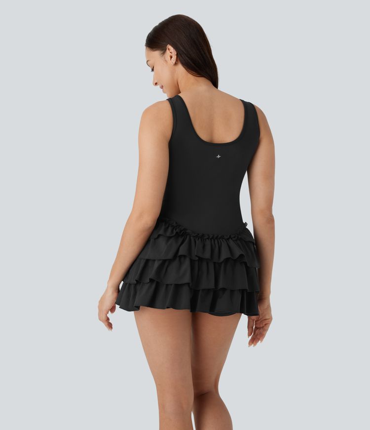 Breezeful™ Square Neck Layered Ruffle 2 Piece Pocket Micro Mini Quick Dry Dance Active Dress