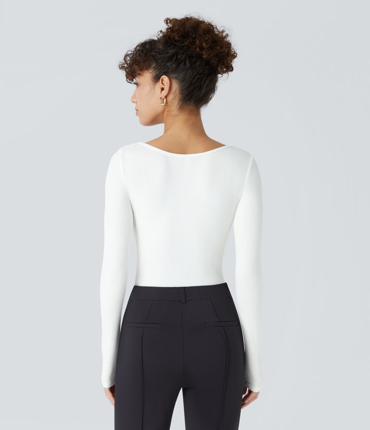 Body oficina ajustado botón manga larga cuello cuadrado acanalado