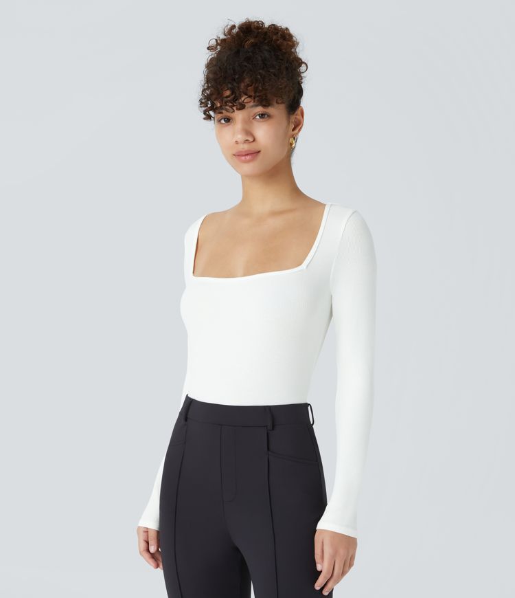 Body oficina ajustado botón manga larga cuello cuadrado acanalado