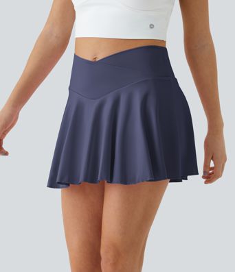 SoftlyZero™ Airy Comfy High Waisted Crossover 2-in-1 Pocket Flare Cool Touch Tennis Skirt-UPF50+