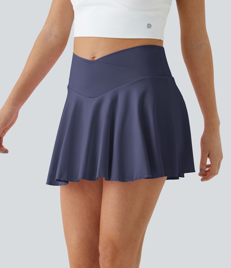 SoftlyZero™ Airy Comfy High Waisted Crossover 2-in-1 Pocket Flare Cool Touch Tennis Skirt-UPF50+