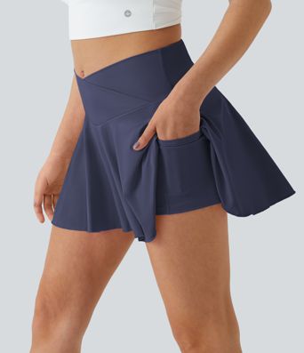 SoftlyZero™ Airy Comfy High Waisted Crossover 2-in-1 Pocket Flare Cool Touch Tennis Skirt-UPF50+