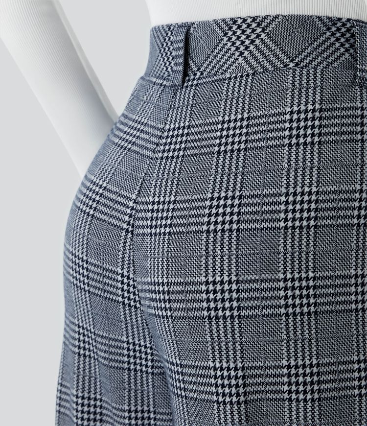 High Waisted Pocket Wide Leg Houndstooth Plaid Casual Trousers